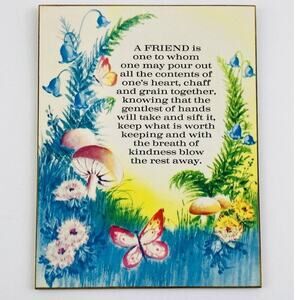 1975 RUSS BERRIE WALL PLAQUE FRIEND MUSHROOM BUTTERFLY POEM FLOWER 7 X 9” USA Ki